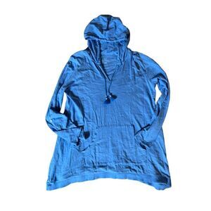 J jill light blue knit hoodie with drawstring.